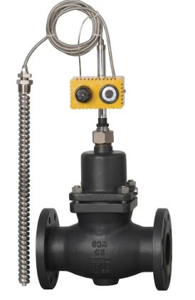 CARBON STEEL SELF-OPERATED TEMPERATURE REGULATING VALVE, MODEL 30T01Y, PN25, ASTM A216 GR. WCB, RF FLANGED, 60–120°C, AUTO CLOSING AT SET TEMPERATURE
